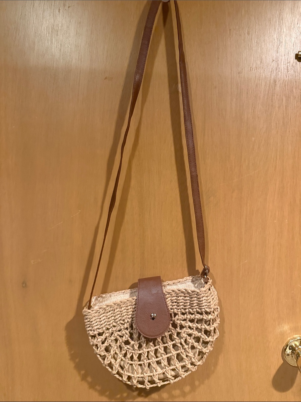 Beige Woven Crossbody Bag with Brown Leather Strap